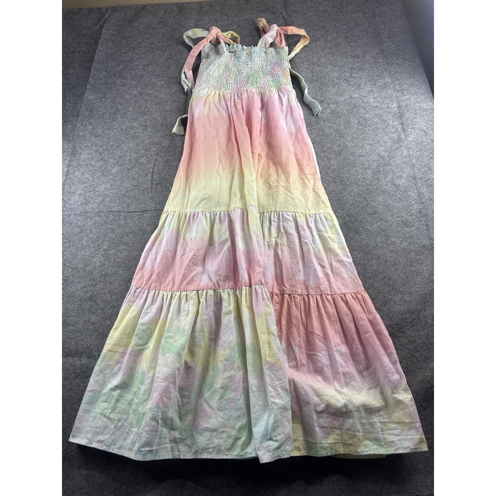 KATHLEEN MAEVE Smocked Tie‎ Dye Tiered Maxi Linen Tank Dress Women's XS/S Boho